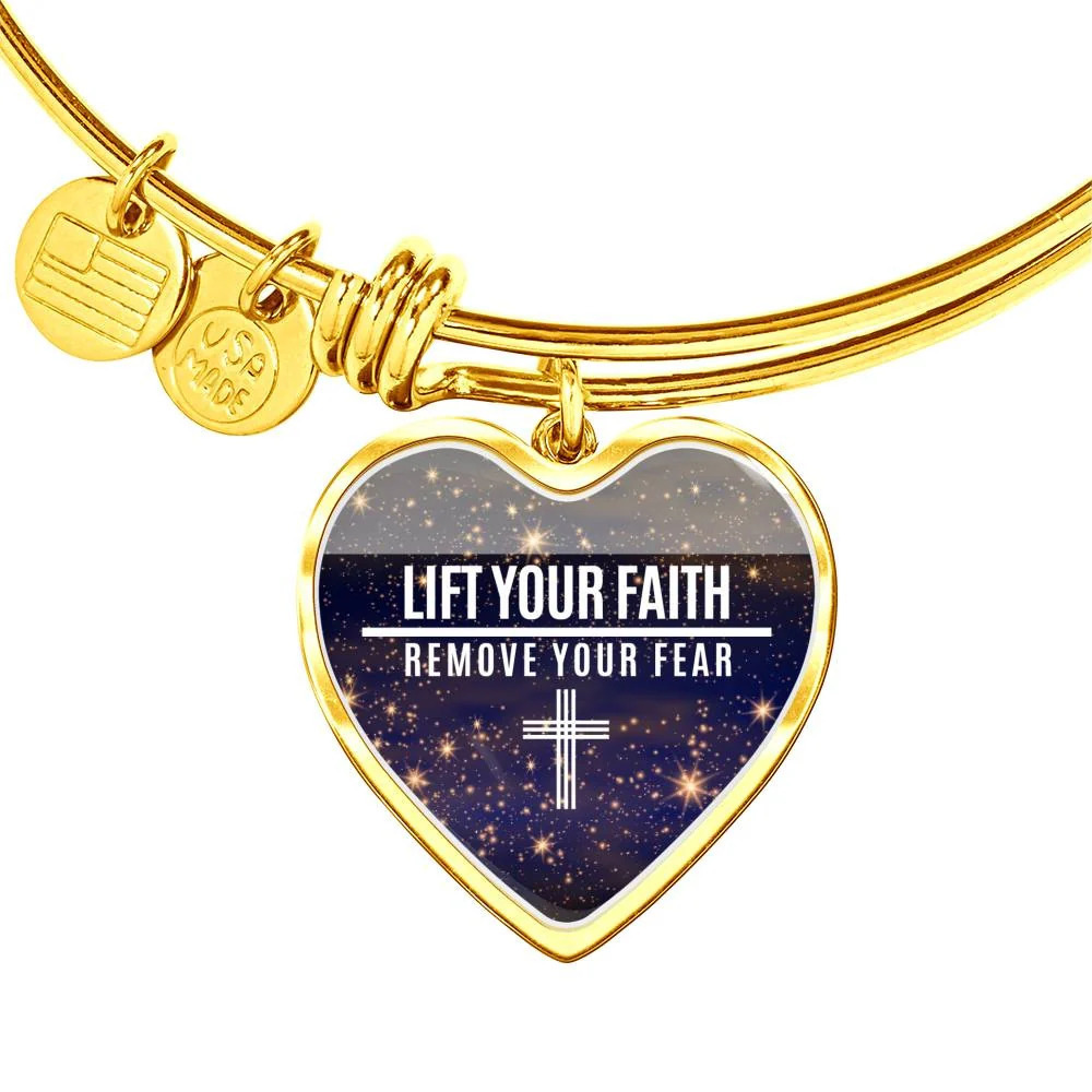 Lift Your Faith Remove Your Fear Personalized Engraved Gold Heart Bangle Bra